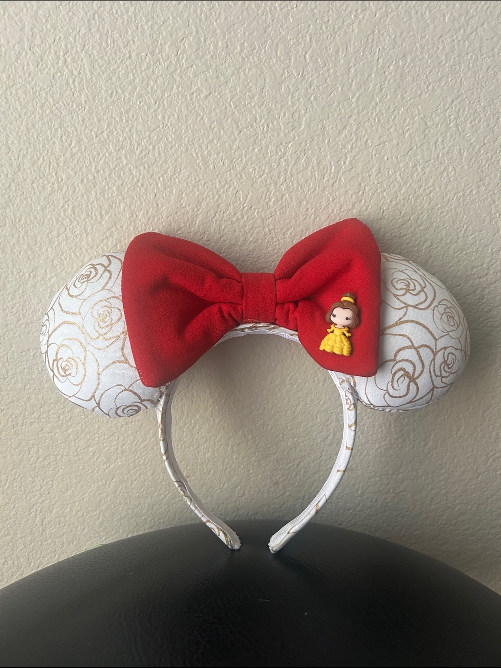 Red Bow Minnie-Style Headband with Gold Rose Print Ears